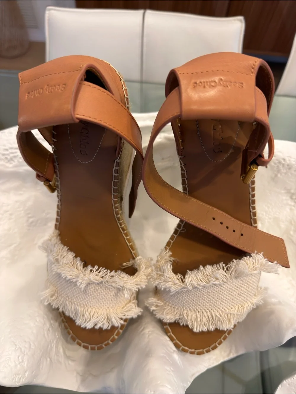 Chloe Tan and Cream Espadrille Wedge Sandals